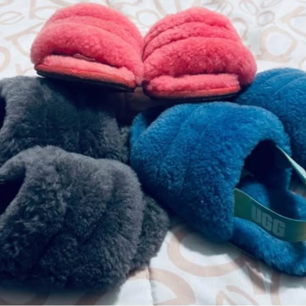 UGG Fluffy Slide Slippers Pink and Blue Cozy Comfort